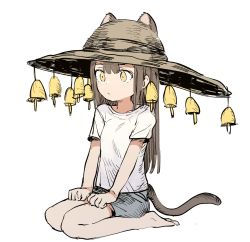 Rule 34 | 1girl, animal ears, barefoot, blue shorts, brown hair, cat ears, cat tail, closed mouth, copyright request, ddari, hat, hat bell, highres, long hair, seiza, shirt, short sleeves, shorts, simple background, sitting, solo, straw hat, tail, white background, white shirt, yellow eyes