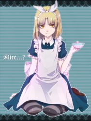 Rule 34 | 1boy, alice (alice in wonderland), alice (alice in wonderland) (cosplay), alice in wonderland, apron, bad id, bad pixiv id, blonde hair, bow, cosplay, crossdressing, cup, dress, hair bow, hairband, kara no kyoukai, male focus, pantyhose, puffy sleeves, ribbon, shirazumi lio, shirotsume kusa (sayern), short hair, sitting, smile, solo, striped background, striped clothes, striped pantyhose, teacup, thighhighs, trap, yellow eyes