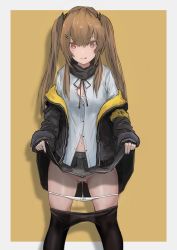 Rule 34 | 1girl, absurdres, aegisfate, belt, blush, bra, bra peek, brown eyes, brown hair, clothes lift, clothes pull, coat, colored eyelashes, embarrassed, girls&#039; frontline, gluteal fold, groin, hair ornament, hairclip, heart, heart-shaped pupils, highres, jacket, light brown hair, long hair, long sleeves, looking at viewer, navel, open clothes, open coat, open jacket, panties, panty pull, pantyhose, pantyhose pull, partially unbuttoned, pussy, pussy juice, scar, shirt, simple background, skirt, skirt lift, solo, standing, symbol-shaped pupils, thighs, tongue, tongue out, twintails, ump9 (girls&#039; frontline), uncensored, underwear, white bra, white panties