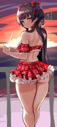 Rule 34 | 1girl, absurdres, adjusting hair, agetama, ass, back, bikini, black hair, breasts, brown eyes, choker, closed mouth, commentary, detached sleeves, dimples of venus, frilled bikini, frills, from behind, heart, heart print, highres, holding, idolmaster, idolmaster shiny colors, long hair, looking at viewer, looking back, mayuzumi fuyuko, medium breasts, midriff, red skirt, sketch, skirt, smile, swimsuit, thick thighs, thighs, translation request, two side up