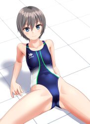 Rule 34 | 1girl, absurdres, blue eyes, blue one-piece swimsuit, clothes writing, collarbone, commentary request, competition swimsuit, covered navel, cowboy shot, grey hair, highres, leaning back, logo, looking at viewer, multicolored clothes, multicolored swimsuit, one-piece swimsuit, original, short hair, sitting, solo, spread legs, swimsuit, takafumi, tile floor, tiles, tomboy, two-tone swimsuit, variant set