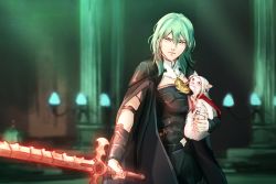 Rule 34 | 1girl, angerykacchan, animal, animalization, blurry, blurry background, byleth (female) (fire emblem), byleth (fire emblem), cat, commentary, edelgard von hresvelg, english commentary, fire emblem, fire emblem: three houses, glowing, glowing sword, glowing weapon, green eyes, green hair, highres, holding, holding animal, holding cat, nintendo, pantyhose, parody, serious, silver hair, sword of the creator, weapon