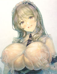 Rule 34 | 1girl, ashermes, azur lane, grabbing another&#039;s breast, breast lift, breasts, charybdis (azur lane), covered erect nipples, gloves, grabbing, grabbing own breast, grey eyes, grey hair, highres, huge breasts, long hair, looking at viewer, maid, maid headdress, open mouth, see-through, see-through shirt, shirt, simple background, solo, underboob, upper body, wet, wet clothes, wet shirt, white background, white gloves