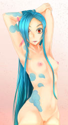 Rule 34 | 1girl, alternate hairstyle, aqua hair, armpits, arms behind head, arms up, bad id, bad pixiv id, blue hair, breasts, colored eyelashes, eyelashes, hair over one eye, jinx (league of legends), league of legends, long hair, looking at viewer, navel, nipples, nude, oldlim, pussy, red eyes, small breasts, solo, tattoo, uncensored, very long hair