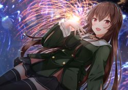Rule 34 | .live, 1girl, black thighhighs, brown hair, collarbone, commentary request, dutch angle, fireworks, headband, highres, long hair, looking at viewer, namae hamada, night, open mouth, red eyes, school uniform, solo, thighhighs, virtual youtuber, yaezawa natori