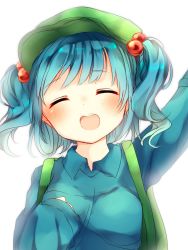 Rule 34 | 1girl, :d, arm up, backpack, bag, blue eyes, blue hair, blue shirt, blush, closed eyes, collared shirt, green hat, hair bobbles, hair ornament, hat, highres, karasusou nano, kawashiro nitori, open mouth, shirt, short hair, simple background, sleeves past wrists, smile, solo, touhou, twintails, upper body, white background