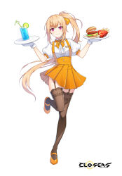 Rule 34 | 1girl, alternate hair color, badge, blush, bow, bowtie, breasts, brown thighhighs, burger, center frills, closed mouth, closers, collared shirt, copyright name, cup, drink, drinking glass, drinking straw, floating hair, food, french fries, frills, fruit, full body, garter straps, gloves, hair bow, hands up, high-waist skirt, highres, holding, holding plate, ice, ice cube, lace, lace-trimmed thighhighs, leg up, lime (fruit), lime slice, logo, long hair, looking at viewer, luna aegis (closers), mary janes, miniskirt, official art, orange bow, orange bowtie, orange footwear, orange hair, orange skirt, pink eyes, plate, pleated skirt, ponytail, puffy short sleeves, puffy sleeves, shirt, shoes, short sleeves, sidelocks, skirt, small breasts, smile, solo, standing, standing on one leg, suspender skirt, suspenders, sweat, tachi-e, thighhighs, underbust, very long hair, waitress, white background, white gloves, white shirt, zettai ryouiki