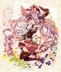 Rule 34 | 1girl, :d, animal ears, rabbit ears, candy, fake animal ears, fang, flower, hair ornament, hat, holding, lollipop, long hair, looking at viewer, madogawa, open mouth, original, pleated skirt, purple hair, red eyes, skirt, smile, solo, thighhighs, twintails, very long hair, zettai ryouiki