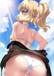 Rule 34 | 1girl, ass, bikini, blonde hair, blue eyes, blush, brown jacket, butt crack, cameltoe, closed mouth, from below, girls und panzer, halterneck, highres, jacket, kay (girls und panzer), kuzuryuu kennosuke, looking at viewer, looking back, looking down, looking over eyewear, looking over glasses, military, military jacket, military uniform, outdoors, ponytail, saunders military uniform, shoulder blades, side-tie bikini bottom, skindentation, sky, smile, solo, sunglasses, swimsuit, tinted eyewear, uniform, white bikini