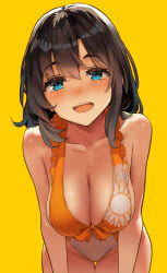 Rule 34 | 1girl, bare shoulders, blue eyes, blush, breasts, brown hair, cleavage, collarbone, commentary, floral print, highres, kekemotsu, large breasts, leaning forward, looking at viewer, medium hair, one-piece swimsuit, open mouth, orange one-piece swimsuit, original, smile, solo, swimsuit, two-tone swimsuit, white one-piece swimsuit, yellow background