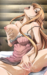 Rule 34 | 1girl, armpits, arms behind head, asuna (sao), breasts, brown eyes, brown hair, censored, explorador sei, female focus, large breasts, licking, long hair, looking at viewer, masturbation, navel, open mouth, pussy, spread legs, sword art online
