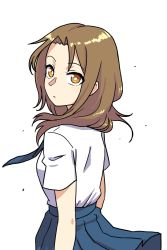 Rule 34 | 1girl, blue necktie, blue skirt, brown eyes, brown hair, closed mouth, commentary request, from side, highres, long hair, looking at viewer, looking to the side, muu (mumumer), necktie, original, pleated skirt, school uniform, shirt, short sleeves, simple background, skirt, solo, white background, white shirt