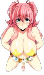 Rule 34 | breasts, censored, erection, futanari, green eyes, highres, hiromin, large breasts, looking at viewer, miniskirt, mole, penis, pink hair, shiny skin, skirt, smile, solo
