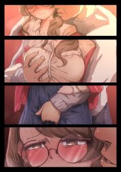 Rule 34 | 1boy, 1girl, absurdres, blue skirt, blush, breast hold, breasts, brown eyes, brown hair, close-up, clothed masturbation, commission, glasses, grabbing, grabbing another&#039;s breast, grabbing from behind, groping breast, hickey, highres, huge filesize, idolmaster, idolmaster cinderella girls, large breasts, low ponytail, low side ponytail, masturbation, medium hair, mochida arisa, molestation, out of frame, pixiv commission, pussy grab, reach-around, red shawl, round eyewear, scrunchie, sequential, shawl, skirt, swept bangs, tomawarinosuizou