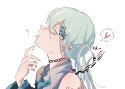 Rule 34 | 1girl, 39, bare shoulders, black sleeves, blue eyes, blue hair, blue nails, blue necktie, collared shirt, detached sleeves, earclip, earrings, finger to own chin, from side, hair between eyes, hane (kakuhane), hatsune miku, head tilt, heart, highres, jewelry, long hair, long sleeves, looking at viewer, nail polish, necktie, number tattoo, open mouth, portrait, profile, shirt, sidelocks, sideways glance, signature, simple background, sleeveless, sleeveless shirt, solo, spoken heart, stud earrings, tattoo, tongue, tongue out, twintails, vocaloid, white background, white shirt