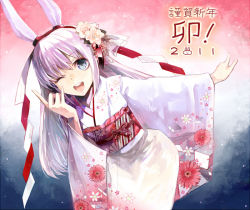 Rule 34 | 10s, 1girl, 2011, animal ears, rabbit ears, hair ribbon, japanese clothes, kimono, new year, one eye closed, original, ribbon, shrimpman, solo, wink