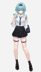 Rule 34 | 1girl, alternate costume, arm behind back, bag, black choker, black footwear, black hairband, black skirt, black socks, blue hair, blue necktie, bra visible through clothes, breasts, cellphone, choker, eula (genshin impact), full body, genshin impact, grey background, hairband, hand up, highres, holding, holding phone, legs, loafers, looking at viewer, medium breasts, medium hair, mexif, necktie, parted lips, phone, pleated skirt, school bag, school uniform, shirt, shirt tucked in, shoes, shoulder bag, simple background, skirt, sleeves rolled up, smartphone, smile, socks, solo, tachi-e, taut clothes, taut shirt, thigh strap, yellow eyes