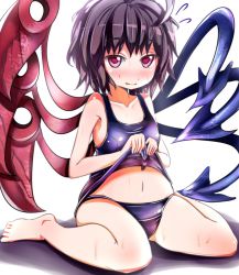 Rule 34 | 1girl, asymmetrical wings, black hair, blush, clothes lift, collarbone, darren, female focus, heart, heart-shaped pupils, houjuu nue, looking at viewer, midriff, navel, purple eyes, school swimsuit, school swimsuit flap, shirt lift, short hair, sitting, smile, solo, sweat, swimsuit, symbol-shaped pupils, touhou, wariza, wings