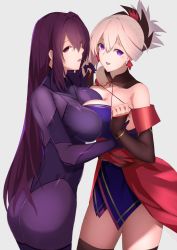 Rule 34 | 2girls, :d, ass, asymmetrical docking, bare shoulders, between breasts, black detached collar, black detached sleeves, black legwear, blonde hair, blue dress, blush, bodysuit, breast press, breasts, contrapposto, couple, detached collar, detached sleeves, dress, earrings, fate/grand order, fate (series), female focus, grey background, hair between eyes, hands up, happy, hug, interlocked fingers, jewelry, kameponde, large breasts, long hair, looking at viewer, looking back, miyamoto musashi (fate), miyamoto musashi (second ascension) (fate), multiple girls, neck, open mouth, ponytail, purple bodysuit, purple eyes, purple hair, red eyes, round teeth, scathach (fate), short dress, short hair, simple background, skin tight, sleeves past wrists, smile, standing, symmetrical docking, teeth, type-moon, v-neck, yuri