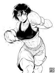 Rule 34 | 1girl, abs, absurdres, black hair, boxing, boxing gloves, boxing shorts, breasts, cleavage, greyscale, highres, jamrolypoly, large breasts, looking at viewer, medium breasts, monochrome, muscular, muscular female, punching, saotome senshu hita kakusu, saotome yae, short hair, shorts, signature, simple background, solo, sweat, tank top, white background