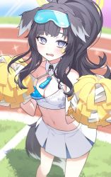 Rule 34 | 1girl, absurdres, animal ears, black hair, blue archive, blush, breasts, bright pupils, cheerleader, cleavage, dog ears, dog girl, dog tail, eyewear on head, grey eyes, halo, hibiki (blue archive), hibiki (cheer squad) (blue archive), highres, looking at viewer, medium breasts, millennium cheerleader outfit (blue archive), pleated skirt, pom pom (cheerleading), ponytail, skirt, solo, star (symbol), sticker on face, tail, tyobis., white pupils