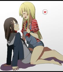 Rule 34 | 2girls, ^ ^, bang dream!, barefoot, blonde hair, bracelet, brown hair, chain, chain leash, closed eyes, collar, grey eyes, hair ornament, hairclip, harusawa, heart, hood, hood down, jacket, jewelry, leash, letterboxed, long hair, long sleeves, looking at another, medium hair, multiple girls, okusawa misaki, open mouth, overall shorts, overalls, red shirt, shirt, short sleeves, sitting, sitting on person, smile, spoken heart, striped clothes, striped shirt, sweatdrop, tsurumaki kokoro, wrist bow, yuri