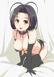 Rule 34 | 1girl, all fours, antenna hair, bent over, black hair, breasts, brown eyes, cleavage, cum, curvy, elbow gloves, fangs, garter belt, gloves, large breasts, lingerie, nora higuma, open mouth, original, solo, sweat, thighhighs, underwear, yellow eyes