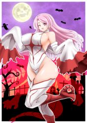 Rule 34 | 1girl, absurdres, alternate costume, boots, breasts, full moon, gradient footwear, halloween, halloween costume, highres, kantai collection, large breasts, leotard, luigi di savoia duca degli abruzzi (kancolle), moon, one eye closed, pink hair, purple eyes, red footwear, sleeves past wrists, solo, suke (share koube), thigh boots, thighhighs, white footwear, white leotard, white sleeves, wide sleeves