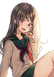 Rule 34 | 1girl, blush, brown cardigan, brown hair, cardigan, commentary request, fang, green sailor collar, green skirt, hand up, knees up, long hair, long sleeves, looking at viewer, midorikawa you, neckerchief, open mouth, original, red eyes, red neckerchief, sailor collar, school uniform, serafuku, simple background, sitting, skirt, sleeves past wrists, solo, v-shaped eyebrows, very long hair, white background