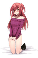 Rule 34 | 1girl, black socks, blush, collarbone, covering privates, covering crotch, erubo, kneeling, long hair, naked sweater, no shoes, orange eyes, original, red hair, socks, solo, sweater, twintails, two side up, white background