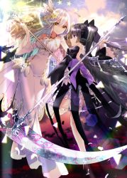 Rule 34 | 2girls, black dress, black hair, black vs white, black wings, bow, chromatic aberration, cloud, cloudy sky, dress, eye contact, feathered wings, feathers, hair wings, halterneck, head wings, holding, holding staff, holding weapon, juliet sleeves, leg up, light rays, long dress, long hair, long sleeves, looking at another, multiple girls, original, outdoors, puffy sleeves, purple bow, purple eyes, rainbow, scythe, showgirl skirt, silver hair, sky, staff, star (symbol), sunbeam, sunlight, tika (mika4975), twintails, weapon, white dress, white wings, wings, yellow eyes