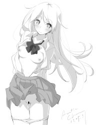Rule 34 | 1girl, blush, breasts, breasts out, c:, censored, closed mouth, collared shirt, commentary request, cowboy shot, dress, gluteal fold, greyscale, highres, long hair, looking at viewer, medium breasts, monochrome, nipples, open mouth, original, panties, panty pull, pleated skirt, school uniform, shirt, short sleeves, simple background, skirt, smile, solo, tabata hisayuki, thighs, underwear