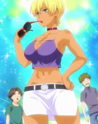Rule 34 | 10s, 1girl, 2boys, bare shoulders, belt, blonde hair, breasts, choker, gradient background, green eyes, hand on own hip, highres, large breasts, mito ikumi, multiple boys, navel, screencap, shokugeki no souma, short hair, standing, stitched, sunglasses, sunglasses removed, third-party edit