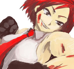 Rule 34 | 1girl, bare shoulders, blood, blood on face, breasts, gloves, grin, necktie, punching, red hair, short hair, smile, snk, solo, the king of fighters, vanessa (kof)