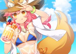 Rule 34 | 10s, 1girl, :q, animal ears, bikini, bikini top only, blue bikini, blue sky, breasts, cleavage, cloud, cloudy sky, commentary request, day, fate/extra, fate/grand order, fate (series), fox ears, fox tail, hat, holding, horizon, jewelry, long hair, looking at viewer, mozzarella, necklace, ocean, orange eyes, parfait, pink hair, see-through, shirt, sky, smile, solo, straw hat, swimsuit, t-shirt, tail, tamamo (fate), tamamo no mae (fate/extra), tamamo no mae (swimsuit lancer) (fate), tamamo no mae (swimsuit lancer) (second ascension) (fate), tongue, tongue out