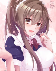 Rule 34 | 1girl, 2020, alternate costume, apron, blush, breasts, brown eyes, brown hair, cherry blossoms, dated, enmaided, female focus, flower, frills, hair between eyes, hair flower, hair ornament, highres, kantai collection, large breasts, long hair, looking at viewer, maid, maid apron, maid headdress, mashiro yukiya, matching hair/eyes, open mouth, ponytail, smile, solo, very long hair, yamato (kancolle)