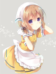 Rule 34 | 1girl, apron, bad id, bad pixiv id, black ribbon, blend s, blush, closed mouth, collared shirt, commentary request, frilled apron, frills, gloves, grey background, hair between eyes, hair ribbon, head scarf, hoshikawa mafuyu, light brown hair, looking at viewer, pleated skirt, puffy short sleeves, puffy sleeves, purple eyes, ribbon, shiiba nae, shirt, short sleeves, skirt, solo, stile uniform, uniform, waist apron, waitress, white apron, white gloves, yellow shirt, yellow skirt