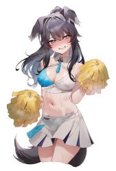 Rule 34 | 1girl, absurdres, animal ears, baka (bakayaro111555), black hair, blue archive, blue hair, blush, breasts, breath, cheerleader, cleavage, clothes writing, commentary request, cropped legs, dog ears, dog girl, dog tail, grin, hair between eyes, hibiki (blue archive), hibiki (cheer squad) (blue archive), highres, holding, holding pom poms, korean commentary, long hair, medium breasts, midriff, millennium cheerleader outfit (blue archive), multicolored hair, nose blush, pleated skirt, pom pom (cheerleading), pom poms, ponytail, purple eyes, simple background, skirt, smile, solo, sweat, tail, white background