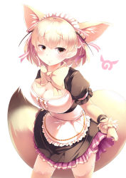 Rule 34 | 10s, absurdres, alternate costume, animal ears, apron, blonde hair, blush, bow, bowtie, breasts, center frills, cleavage, commentary request, curtsey, dress, enmaided, fennec (kemono friends), fox ears, fox tail, frilled dress, frills, fur trim, highres, japari symbol, kanzakietc, kemono friends, kemono friends festival, maid, maid apron, maid headdress, multicolored hair, puffy short sleeves, puffy sleeves, short hair, short sleeves, solo, tail, thighhighs, zettai ryouiki