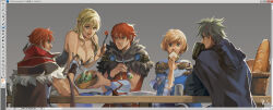 Rule 34 | 2girls, 3boys, :t, adobe photoshop, arm belt, baguette, beer mug, belt, black cloak, blonde hair, blue dress, braid, bread, breasts, brown cape, brown dress, cape, capelet, cardinal (ragnarok online), cherry tomato, cleavage, cloak, closed mouth, commentary request, cup, detached sleeves, dress, eating, fingerless gloves, food, fork, french braid, fur-trimmed capelet, fur collar, fur trim, gloves, golden wings, green eyes, green hair, grey background, high wizard (ragnarok online), highres, holding, holding food, holding fork, hood, hood down, hooded cloak, large breasts, long bangs, long hair, looking at another, medium bangs, medium breasts, mug, multiple boys, multiple girls, official alternate costume, open mouth, orange hair, ragnarok online, red capelet, salad, sandwich, shadow cross (ragnarok online), short hair, signature, smile, sorcerer (ragnarok online), strapless, strapless dress, table, tomato, two-tone dress, upper body, white belt, white dress, white gloves, white sleeves, z.i