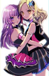 2girls aikatsu! aikatsu!_(series) bare_shoulders black_dress black_jacket black_skirt blonde_hair blunt_bangs brown_eyes cowboy_shot dress dutch_angle from_side highres hikami_sumire hug idol_clothes jacket kurosawa_rin_(aikatsu!) long_hair looking_at_viewer miniskirt mokorei multicolored_hair multiple_girls pleated_skirt purple_eyes purple_hair simple_background skirt smile standing streaked_hair white_background