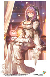 Rule 34 | 1girl, bed, blue eyes, bow, breasts, canopy bed, cleavage, cleavage cutout, clothing cutout, covered erect nipples, dress, fingernails, frilled dress, frills, hair between eyes, long dress, long fingernails, long hair, long sleeves, looking at viewer, petals, popqn, purple hair, qurare magic library, sitting, sleeves past wrists, smile, solo, stuffed animal, stuffed rabbit, stuffed toy, tiara, very long hair, white dress