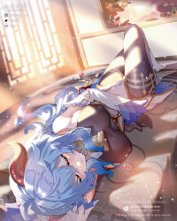 Rule 34 | 1girl, architecture, bare shoulders, bed, black pantyhose, blue hair, blush, bodysuit, breasts, bugie, detached sleeves, east asian architecture, closed eyes, ganyu (genshin impact), genshin impact, gloves, highres, horns, large breasts, lying, pantyhose, shade, sleeping, social network