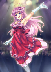 Rule 34 | 10s, 1girl, animal ears, arm up, armpits, bare shoulders, blush, dog days, dog ears, dress, elbow gloves, flower, frills, gloves, hair down, hair flower, hair ornament, long hair, millhiore f. biscotti, open mouth, pink hair, purple eyes, red dress, ryo (sora-ryu), solo, standing, standing on one leg