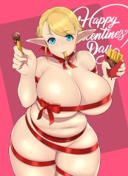 Rule 34 | 1girl, altronage, blonde hair, blue eyes, breasts, chocolate, cleavage, eating, elf-san wa yaserarenai., elfuda (elf-san wa yaserarenai.), eyelashes, female focus, food, french fries, highres, holding, holding food, huge breasts, large breasts, looking at viewer, plump, pointy ears, short hair, simple background, skindentation, solo, thick thighs, thighs, valentine, wide hips