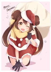 Rule 34 | 1girl, all fours, alternate costume, alternate eye color, bad id, bad twitter id, black gloves, blush, brown eyes, brown hair, christmas, commentary request, creatures (company), double bun, flying sweatdrops, game freak, gloves, goma (nabepa nabepa), hair bun, hat, highres, holding, holding sack, long hair, looking at viewer, merry christmas, nintendo, pokemon, pokemon bw2, red hat, rosa (pokemon), sack, santa hat, scarf, smile, solo, star (symbol), twintails, yellow scarf