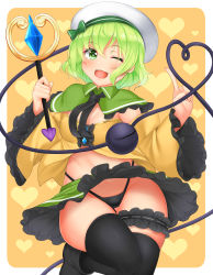Rule 34 | 1girl, ;3, ;d, alternate headwear, bare shoulders, beret, black footwear, black panties, black thighhighs, blush, boots, border, bow, breasts, bridal garter, capelet, center frills, commentary request, cowboy shot, daichi (tokoya), detached sleeves, frills, green bow, green capelet, green eyes, green hair, green skirt, groin, hair between eyes, hands up, hat, hat bow, heart, heart-shaped pupils, heart background, heart of string, highleg, highleg panties, highres, holding, holding wand, index finger raised, komeiji koishi, long sleeves, looking at viewer, miniskirt, navel, one eye closed, open mouth, outside border, panties, petticoat, short hair, skirt, small breasts, smile, solo, standing, standing on one leg, strapless, symbol-shaped pupils, thighhighs, thighs, touhou, underwear, wand, white border, white hat, wide sleeves, yellow background