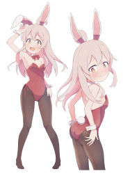 Rule 34 | 1girl, ahoge, animal ears, bare shoulders, blush, breasts, commentary, detached collar, fake animal ears, fake tail, full body, genderswap, genderswap (mtf), hands on own hips, hazuki mashiro, highres, leotard, long hair, looking at viewer, looking back, multiple views, necktie, onii-chan wa oshimai!, open mouth, orange eyes, oyama mahiro, pantyhose, pink hair, playboy bunny, rabbit ears, rabbit tail, small breasts, strapless, strapless leotard, tail, wrist cuffs