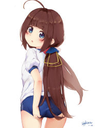 Rule 34 | 10s, 1girl, absurdres, adjusting buruma, adjusting clothes, ass, blue buruma, blue eyes, blush, brown hair, buruma, cameltoe, commentary request, cowboy shot, dated, dgle3370, from behind, gym shirt, gym uniform, head tilt, highres, hinatsuru ai, long hair, looking at viewer, looking back, low twintails, parted lips, revision, ryuuou no oshigoto!, shirt, short sleeves, signature, simple background, solo, twintails, very long hair, white background, white shirt