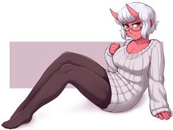 Rule 34 | 1girl, aika (ittla), black pantyhose, breasts, cleavage, colored skin, glasses, green eyes, highres, horns, ittla, large breasts, looking at viewer, monster girl, oni, original, pantyhose, pointy ears, red skin, short hair, sitting, solo, sweater, white hair, white sweater